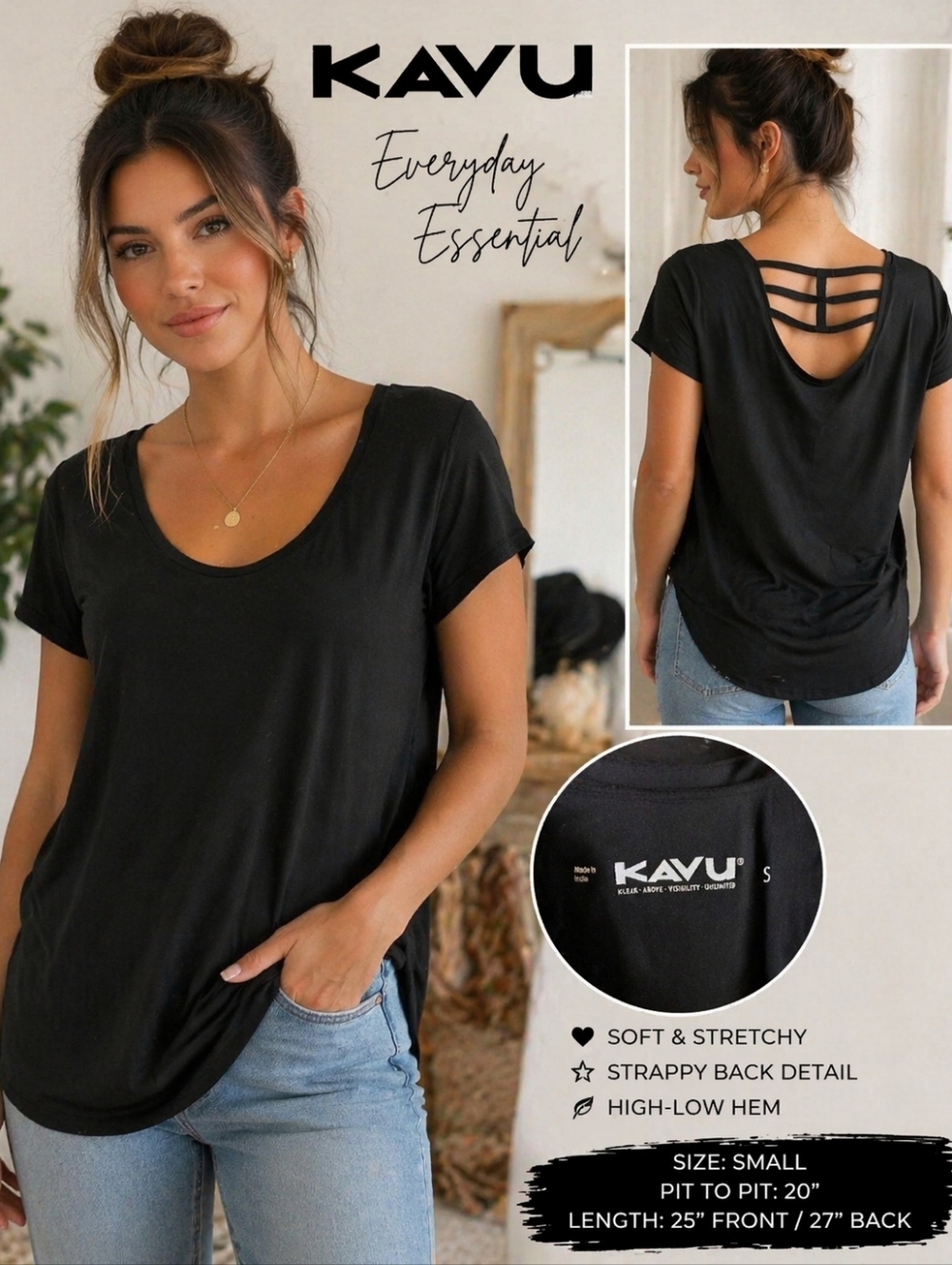 KAVU Black Strappy Back Tee | High-Low Hem Stretch Top Size S